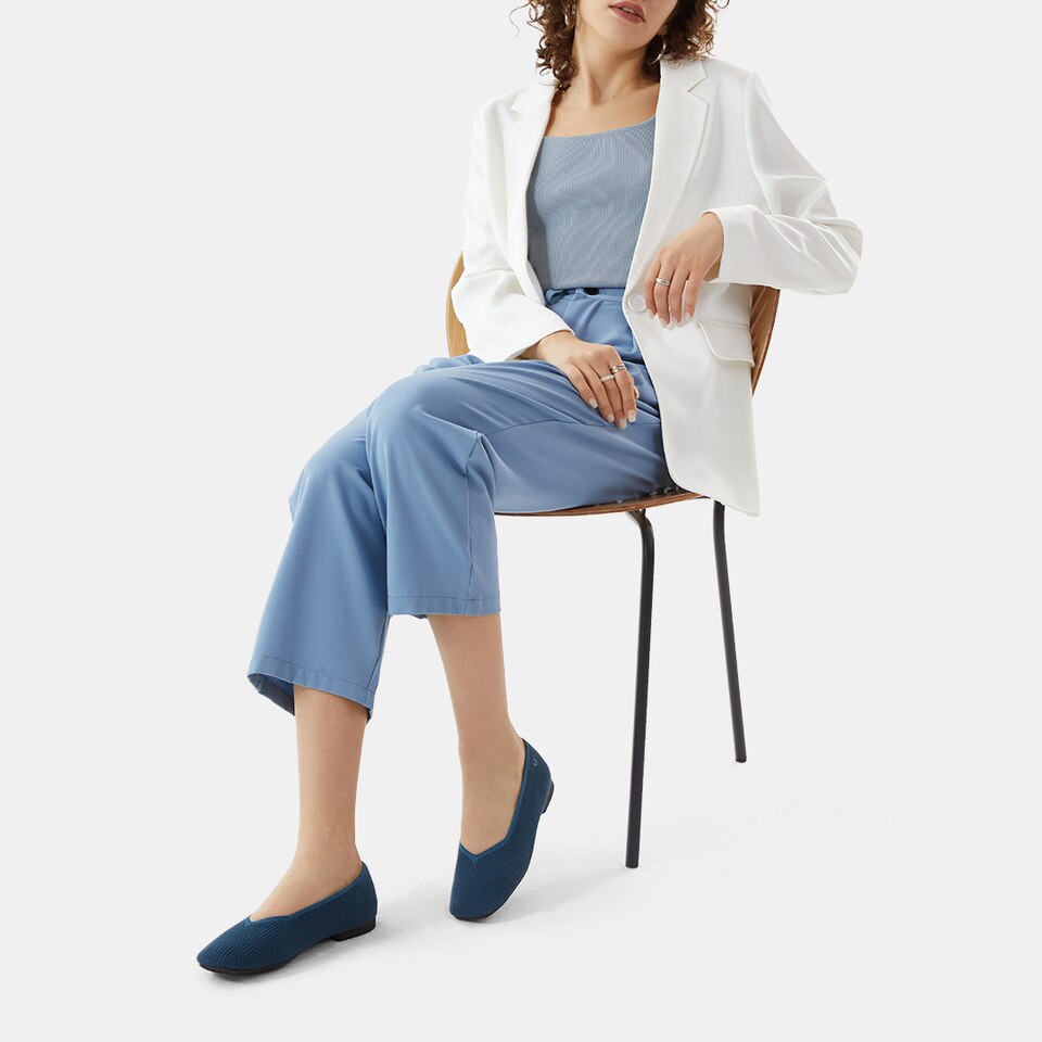 Margot Eco Fluffy Yarn Square Toe Flats for Bunions & Wide Feet in Deep Denim | VIVAIA