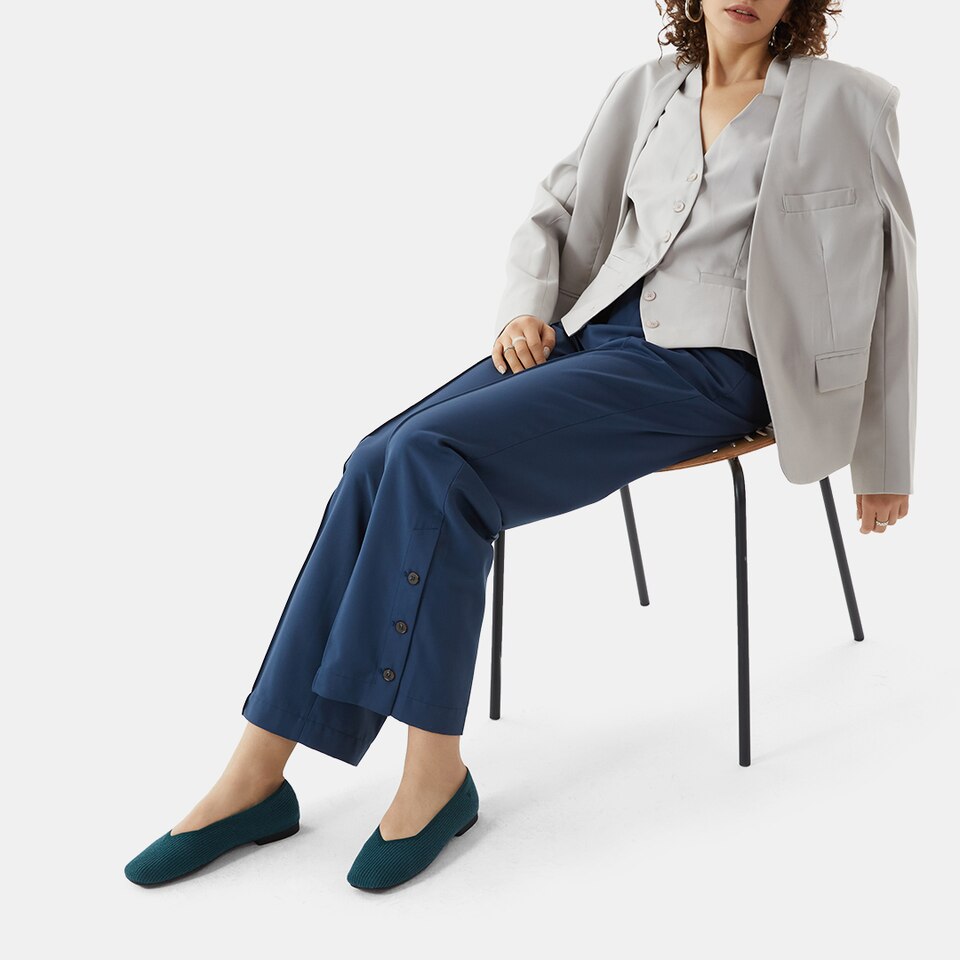 Margot Eco Fluffy Yarn Square Toe Flats for Bunions & Wide Feet in Deep Peacock | VIVAIA