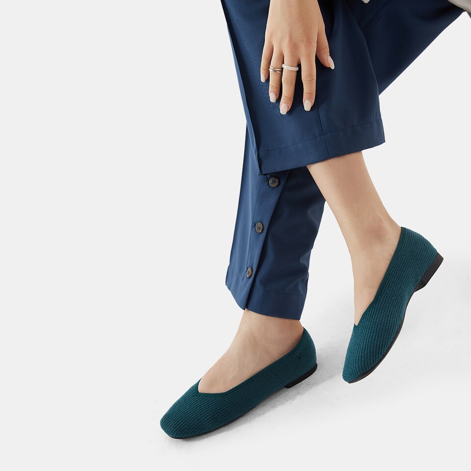 Margot Eco Fluffy Yarn Square Toe Flats for Bunions & Wide Feet in Deep Peacock | VIVAIA