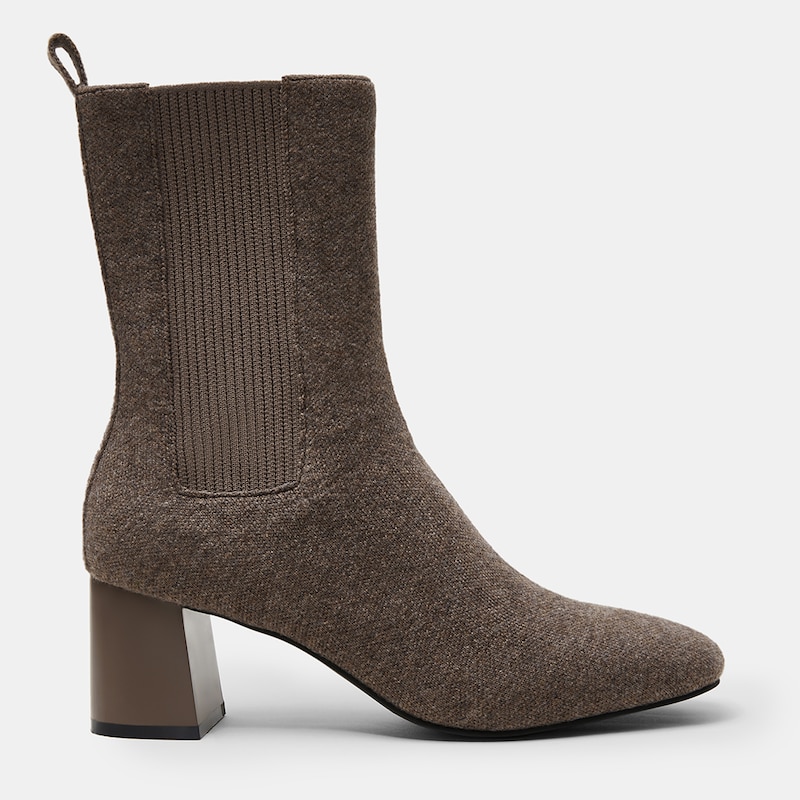 Gemma Square-toe Block Heel Wool Sustainable Boots in Deep Khaki | VIVAIA