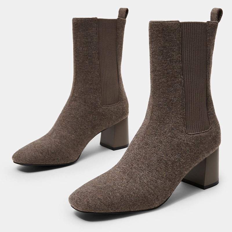 Gemma Square-toe Block Heel Wool Sustainable Boots in Deep Khaki | VIVAIA