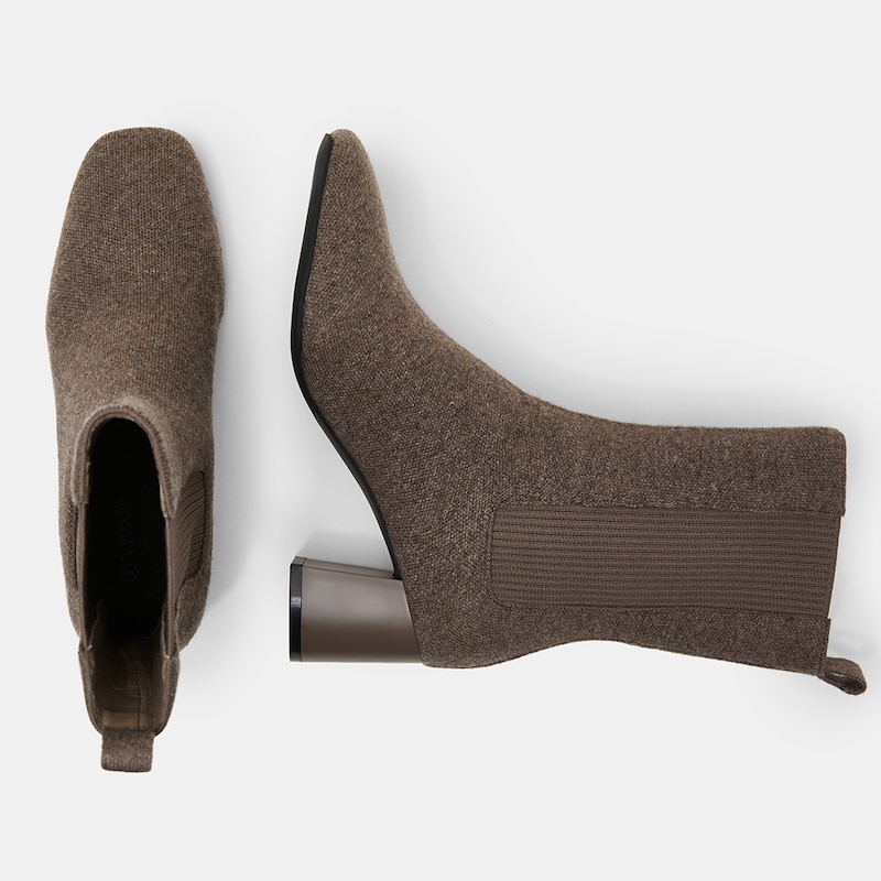 Gemma Square-toe Block Heel Wool Sustainable Boots in Deep Khaki | VIVAIA