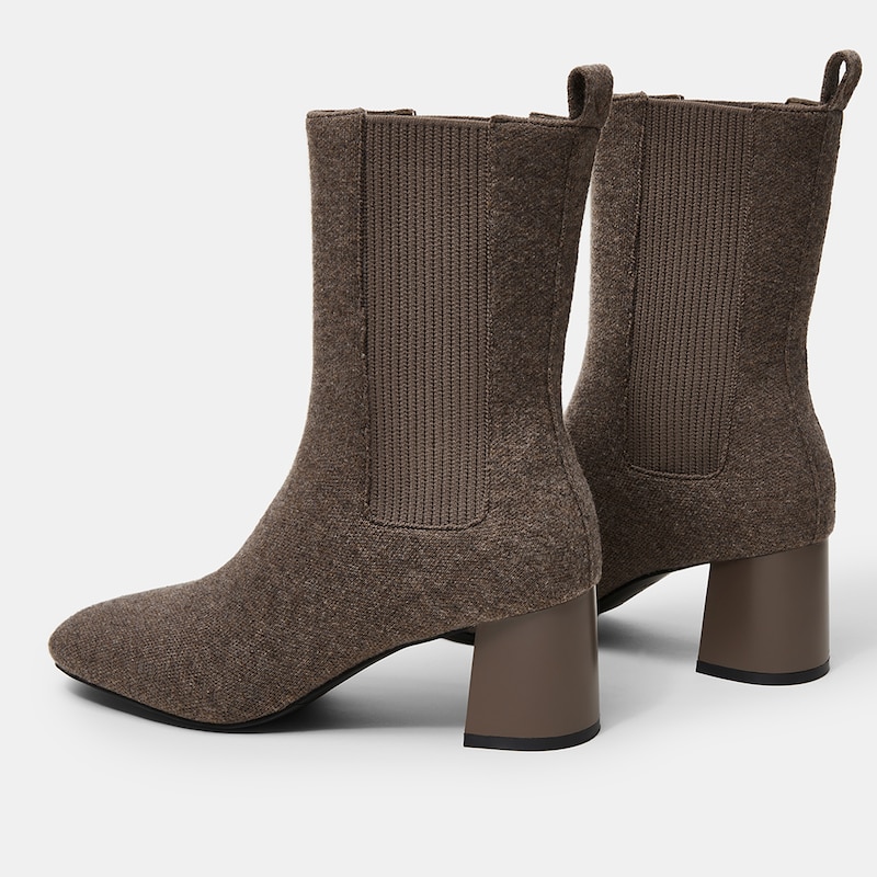 Gemma Square-toe Block Heel Wool Sustainable Boots in Deep Khaki | VIVAIA