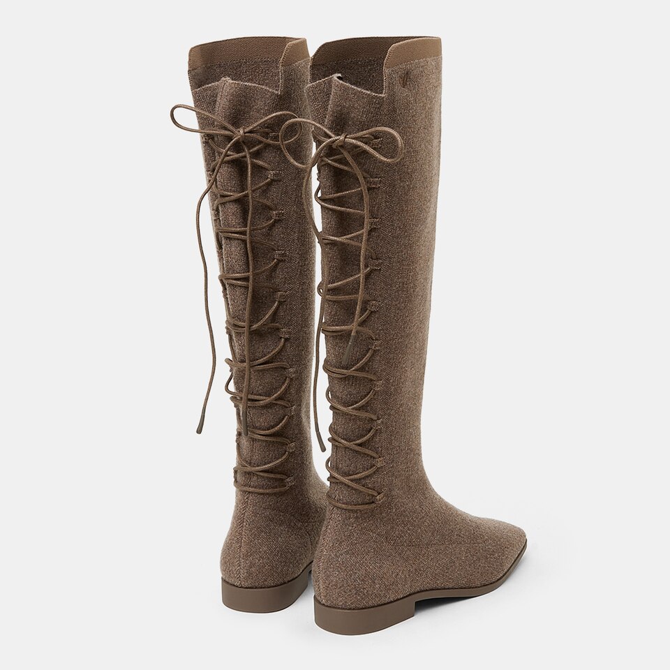 Pandora Square-toe Wool Sustainable Riding Boots in Tan Russet | VIVAIA