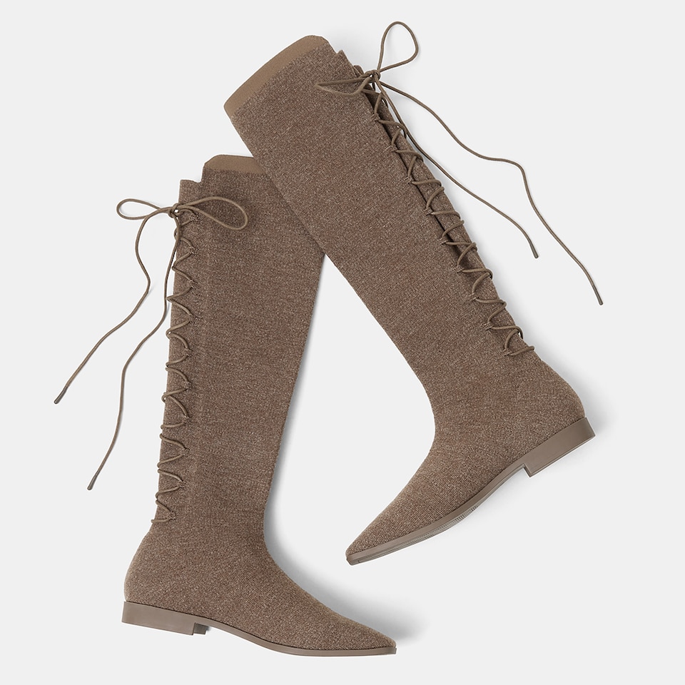 Pandora Square-toe Wool Sustainable Riding Boots in Tan Russet | VIVAIA