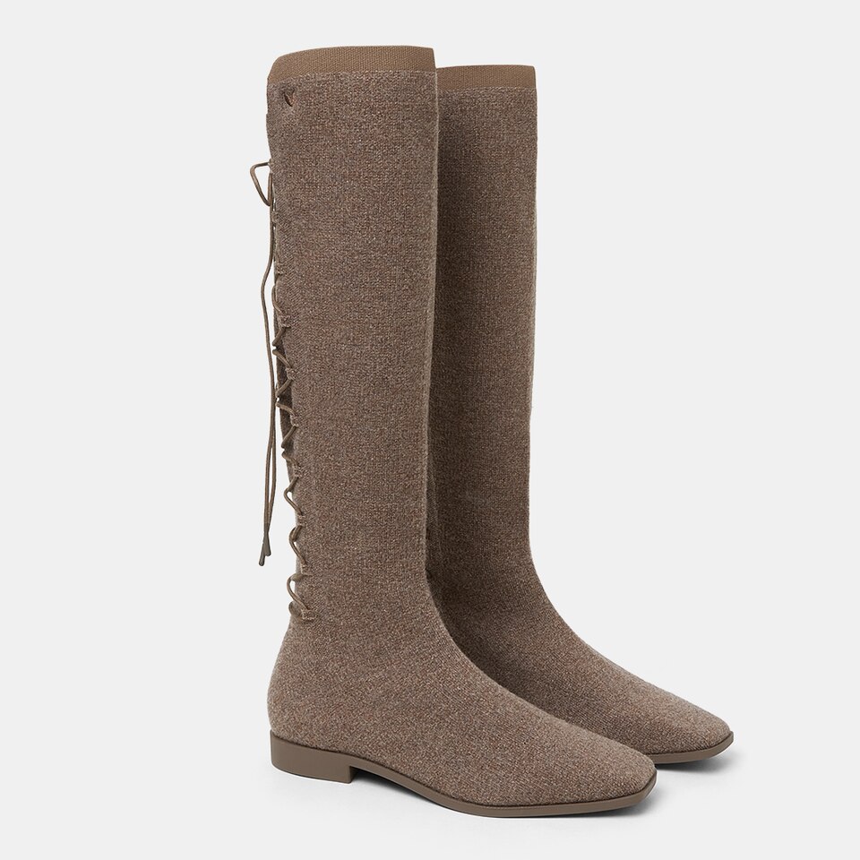 Pandora Square-toe Wool Sustainable Riding Boots in Tan Russet | VIVAIA