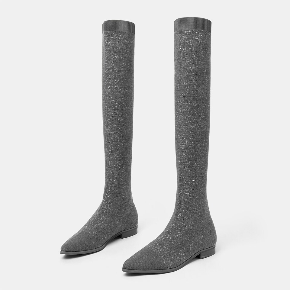 Michaelia Pointy Wool Sustainable Over-knee Boots in Pale Grey | VIVAIA