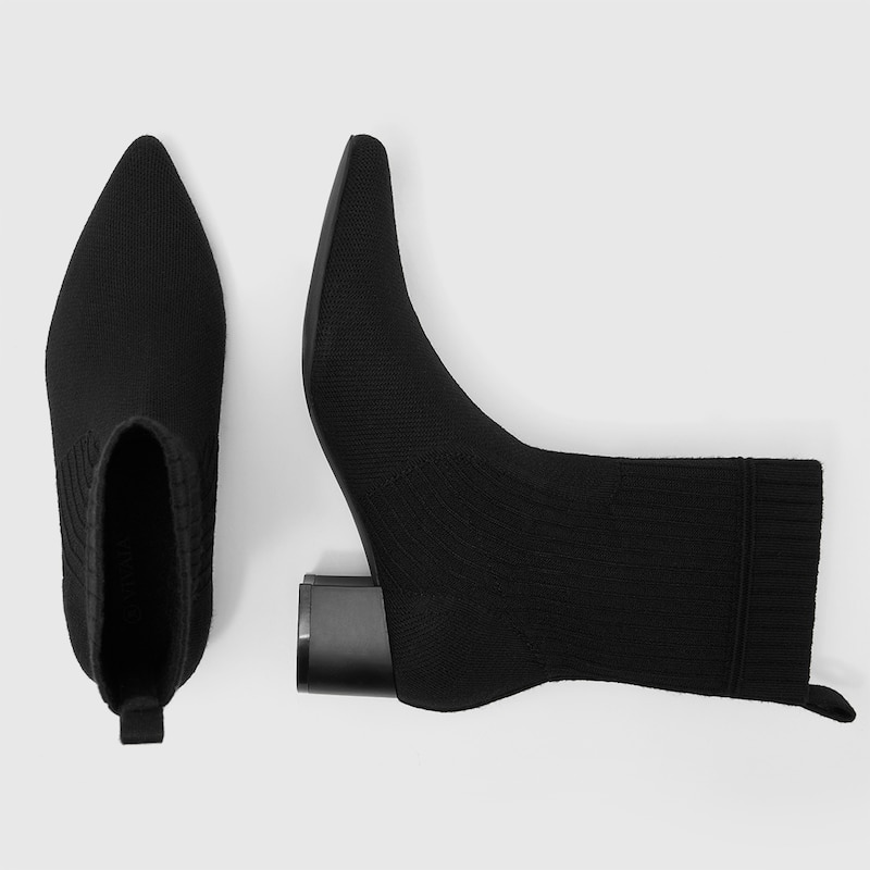 Yedda Pointy Block Heel Wool Sustainable Boots in Striped Black | VIVAIA