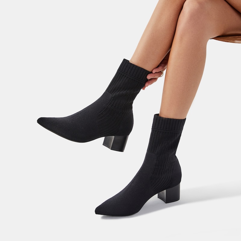 Yedda Pointy Block Heel Wool Sustainable Boots in Striped Black | VIVAIA