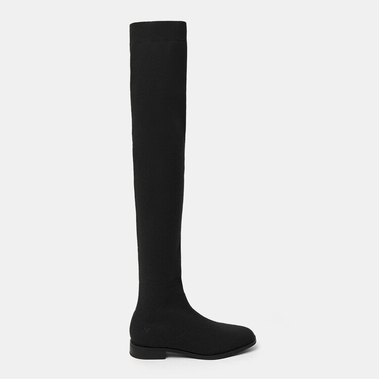 Happer Square-toe Wool Sustainable Over-knee Boots in Solid Black | VIVAIA