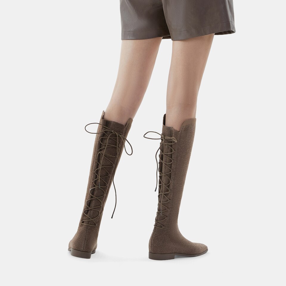 Pandora Square-toe Wool Sustainable Riding Boots in Tan Russet | VIVAIA