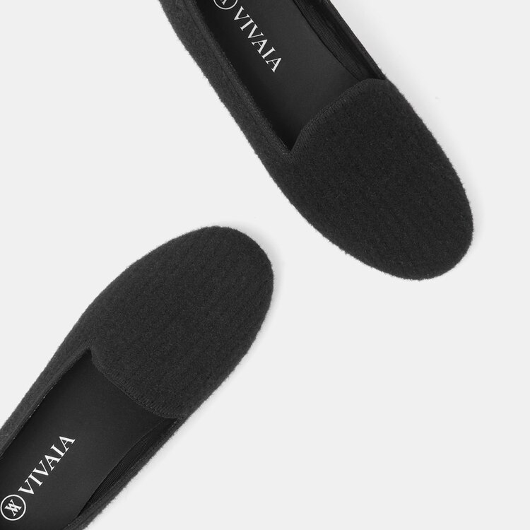 Kimberley Round-toe Eco Fluffy Yarn Sustainable Loafers in Solid Black | VIVAIA