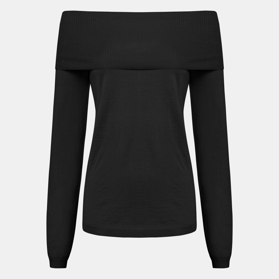 Brittany Wool Off Shoulder Sweater in Black | Women's Organic, Sustainable and Stylish Knitwears | Clothing | VIVAIA