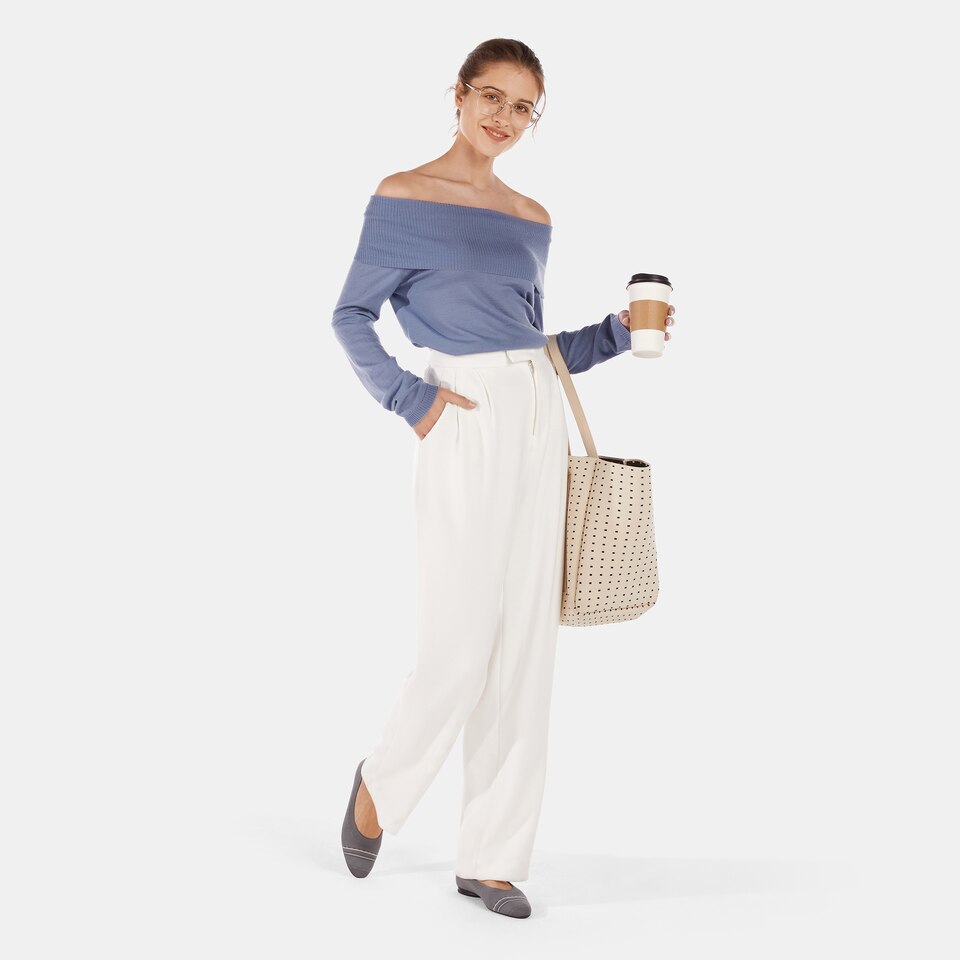 Brittany Wool Off Shoulder Sweater in Purple Blue | Women's Organic, Sustainable and Stylish Knitwears | Clothing | VIVAIA