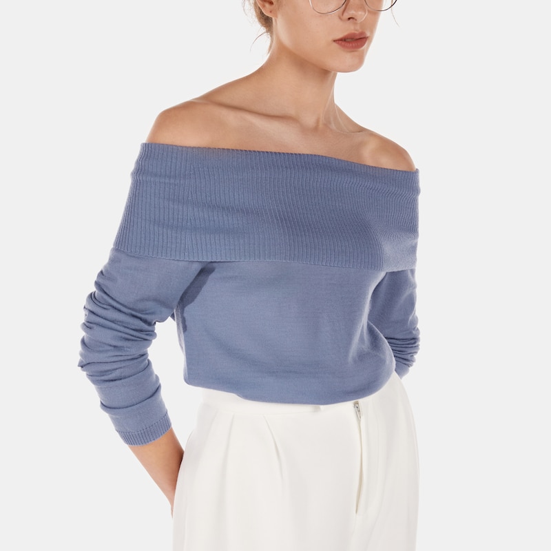 Brittany Wool Off Shoulder Sweater in Purple Blue | Women's Organic, Sustainable and Stylish Knitwears | Clothing | VIVAIA
