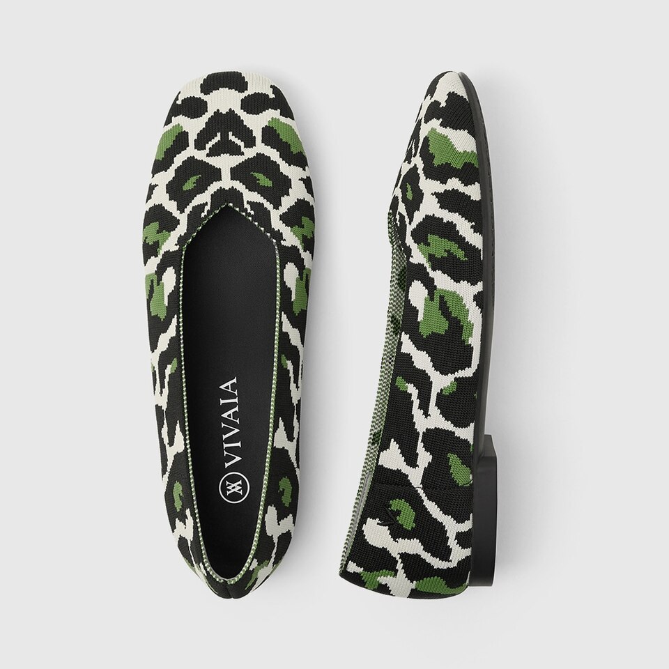 Margot Square-toe Flats for Bunions & Wide Feet in Green Leopard | VIVAIA