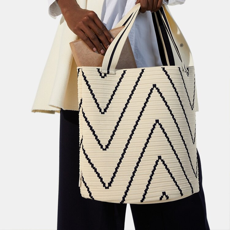 Colette Petite Bucket Washable Tote Bag in Ivory Chervon | VIVAIA