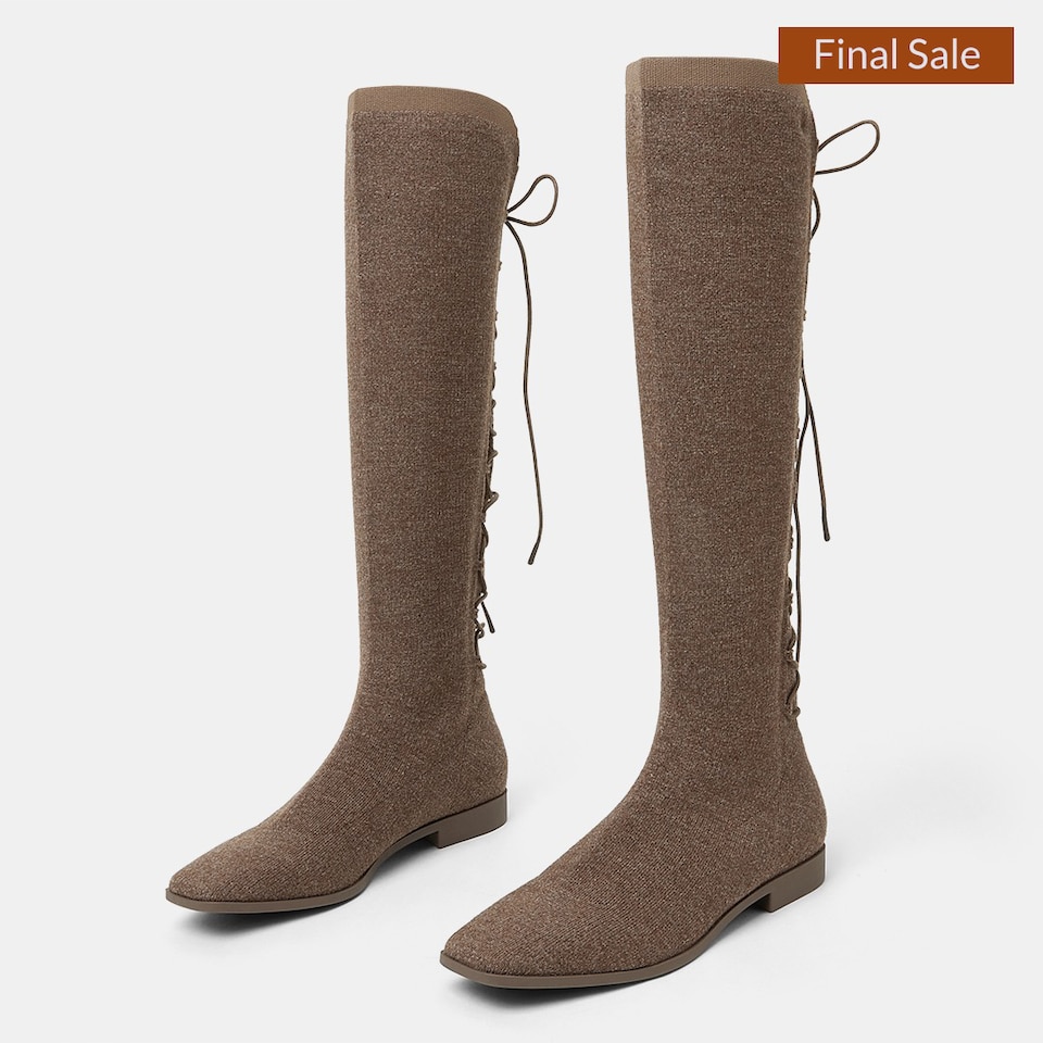Pandora Square-toe Wool Sustainable Riding Boots in Tan Russet | VIVAIA