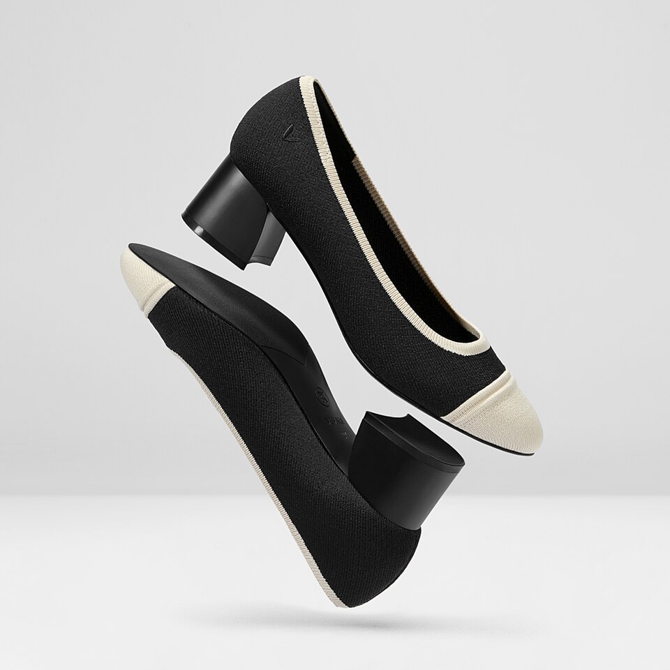 Julie Round Toe Chunky Heels White Black-Washable & Comfortable | VIVAIA