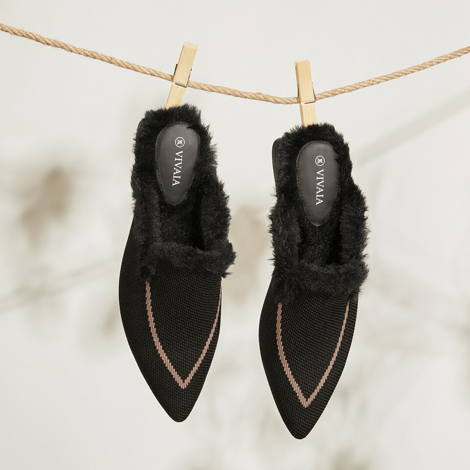 Tina Pointed-toe Fluffy Mules in Black-Sustainable & Stylish | VIVAIA