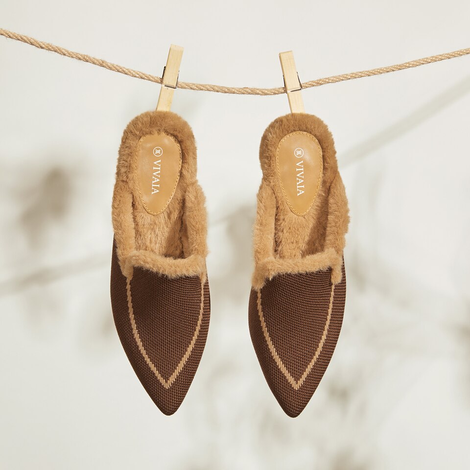 Tina Pointed-toe Fluffy Mules in Khaki Brown-Sustainable & Stylish | VIVAIA