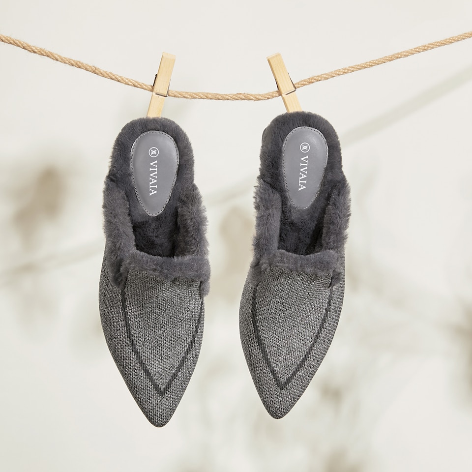 Tina Pointed-toe Fluffy Mules in Rich Grey-Sustainable & Stylish | VIVAIA