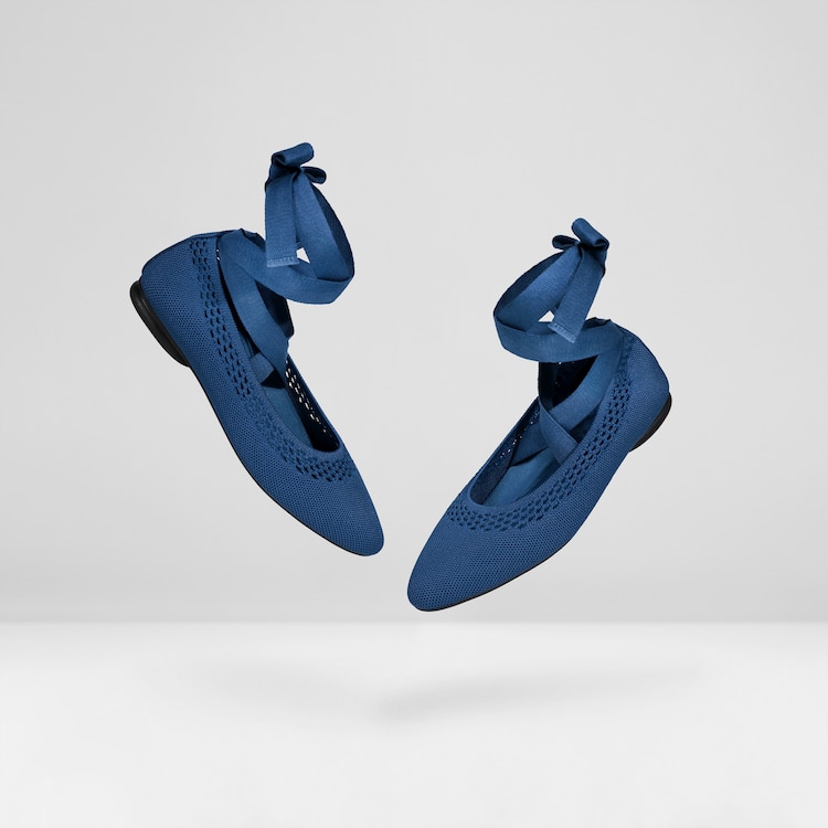 Tamia Beatrice Adjustable Ankle Wrap Round Toe Flats in Marine Blue | VIVAIA
