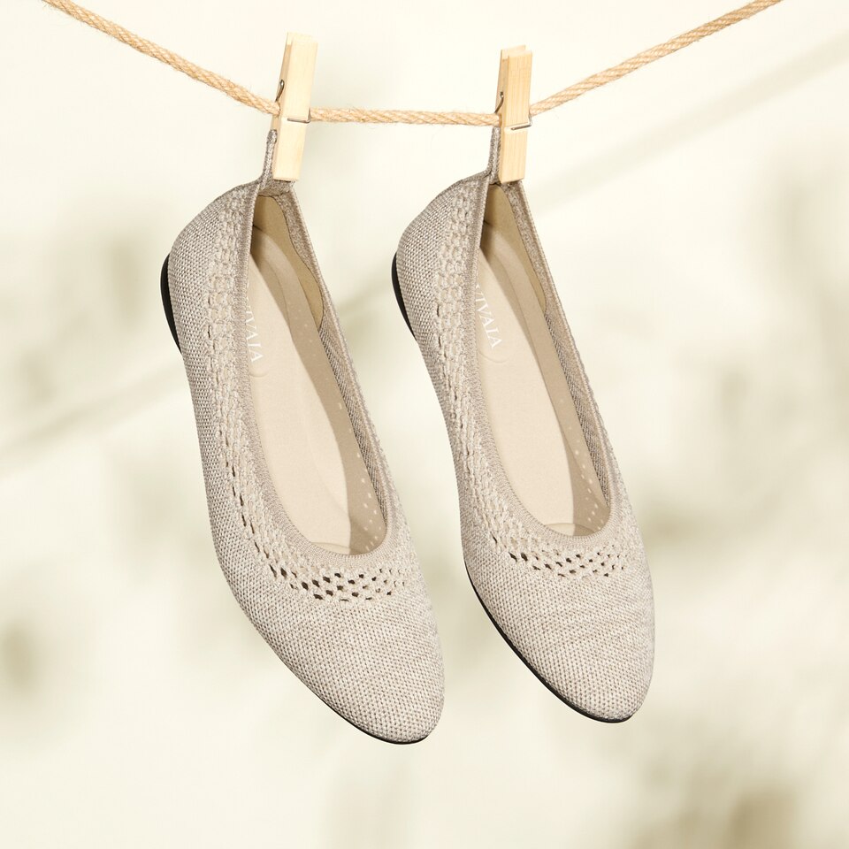 Tamia Beatrice Adjustable Ankle Wrap Round Toe Flats in Oatmilk | VIVAIA