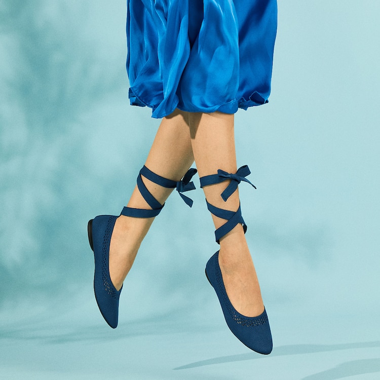 Tamia Beatrice Adjustable Ankle Wrap Round Toe Flats in Marine Blue | VIVAIA