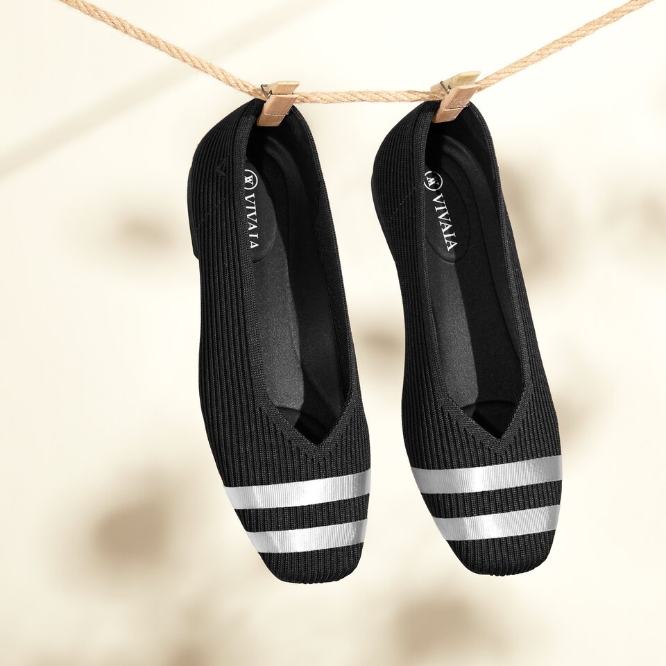 Margot 2.0 Washable Square-Toe Flats for Bunions & Wide Feet in Laura-Black With Satin Stripes | VIVAIA