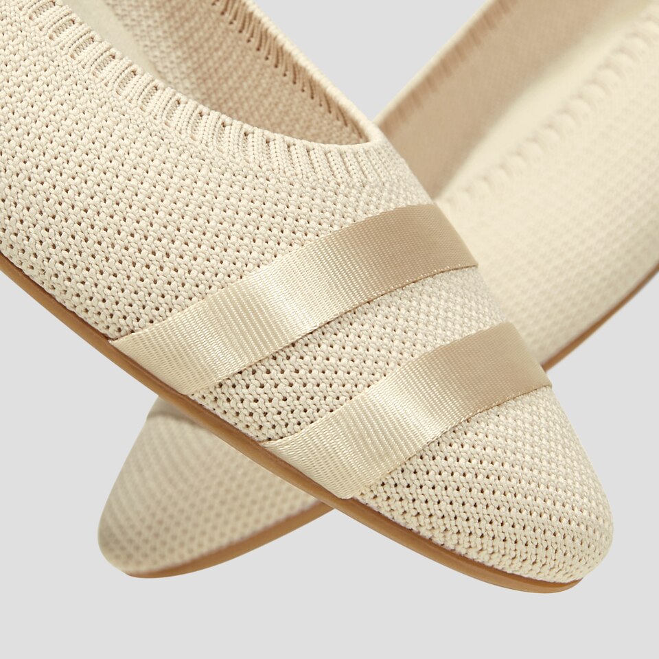 Tamia 2.0 Comfortable Round-Toe Ballet Flats in Laura-Cream Ivory With Satin Stripes | VIVAIA