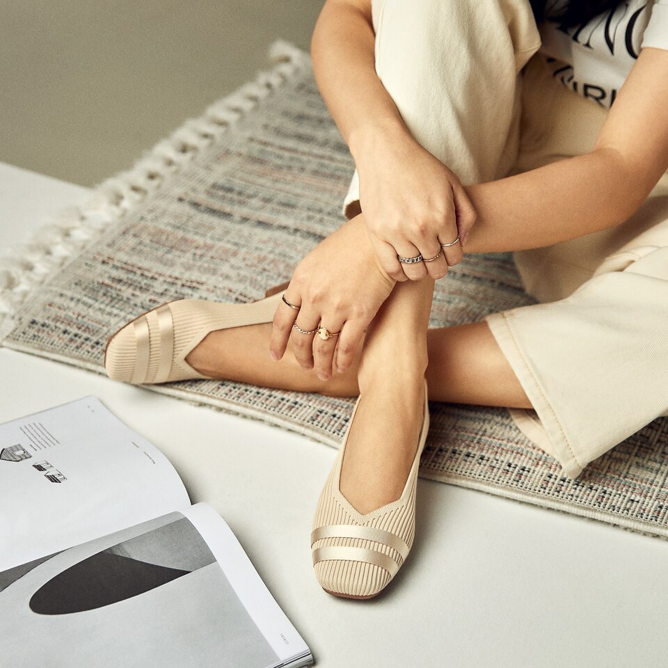 Margot 2.0 Square-Toe Flats for Bunions & Wide Feet in Laura-Cream Ivory With Satin Stripes | VIVAIA