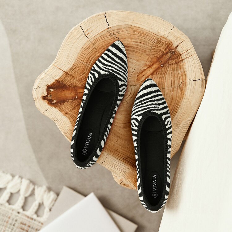 Aria 5° Inspiration Comfortable Pointed-Toe Ballet Flats in Zebra | VIVAIA