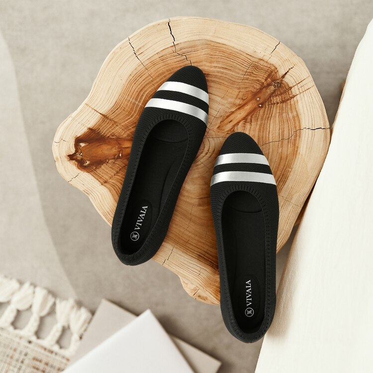 Tamia 2.0 Comfortable Round-Toe Ballet Flats in Laura-Black With Satin Stripes | VIVAIA