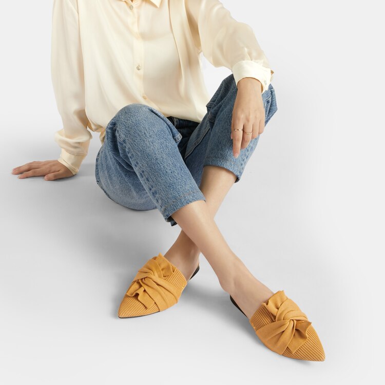 Yaffa Pointed-Toe Knot Sustainable Mules in Mustard Yellow | VIVAIA
