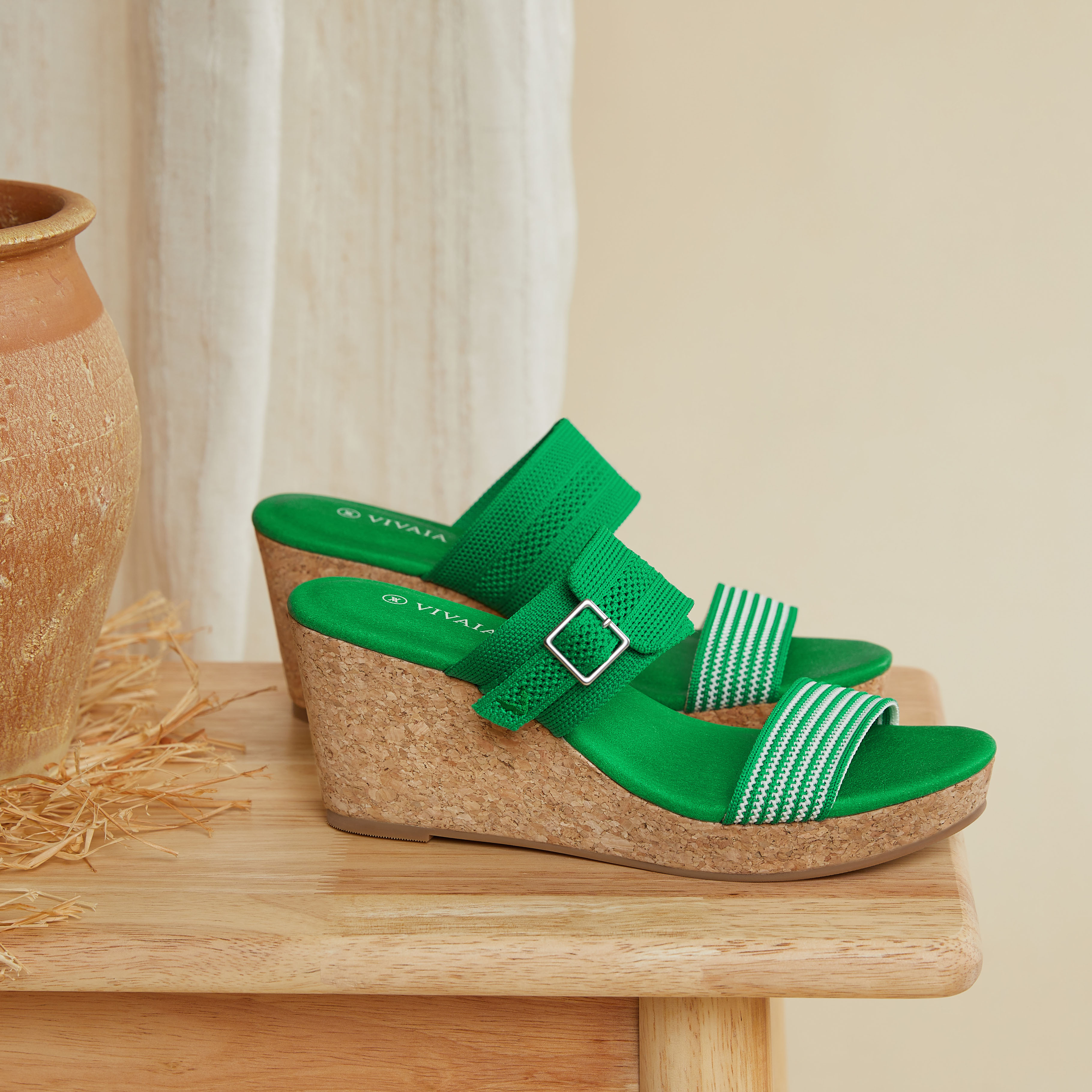 Sammy Adjustable Strap Wedge Sandals in Green Grass VIVAIA