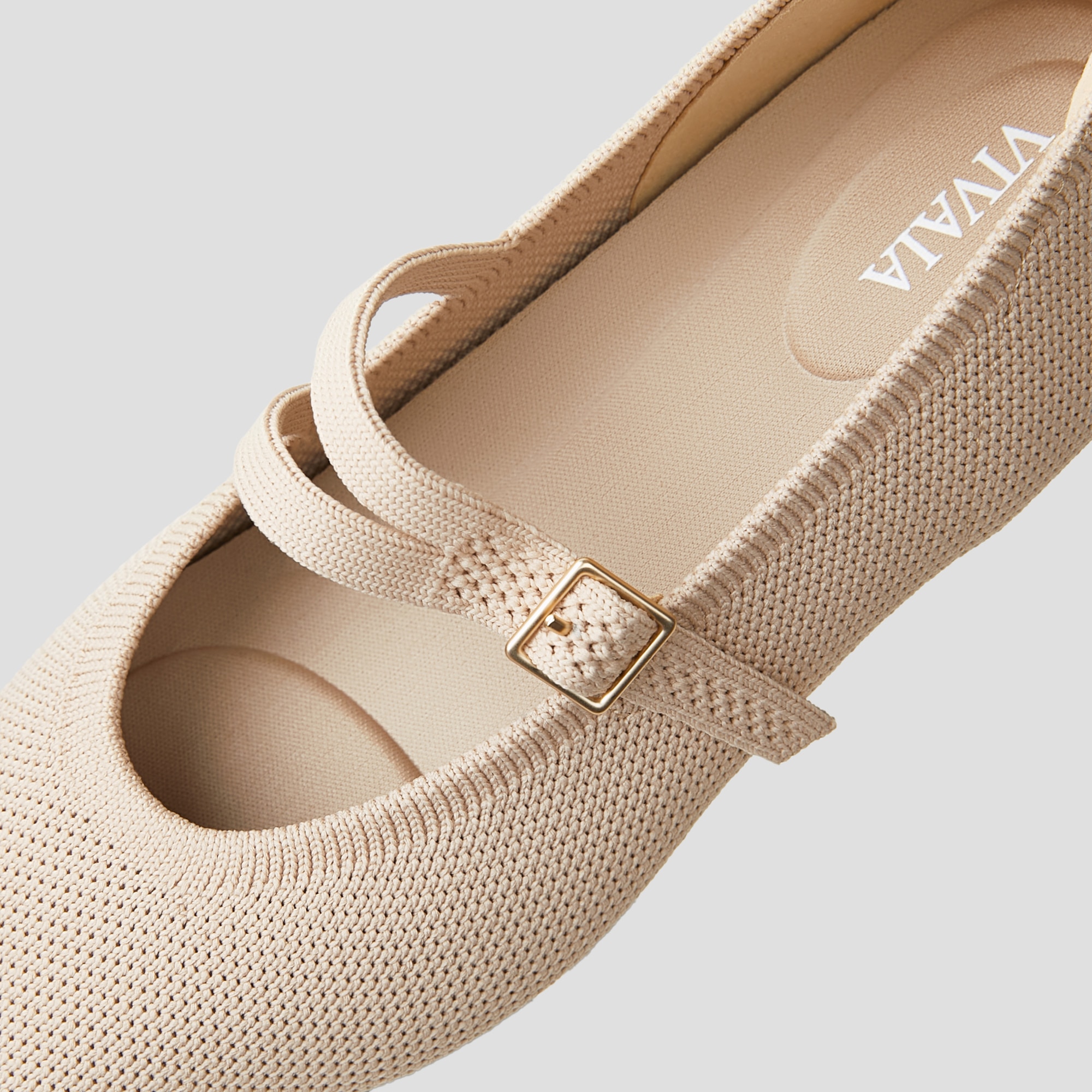 Pointed-Toe V-Strap Mary-Jane Flats (Aria Mary-Jane), ALMOND