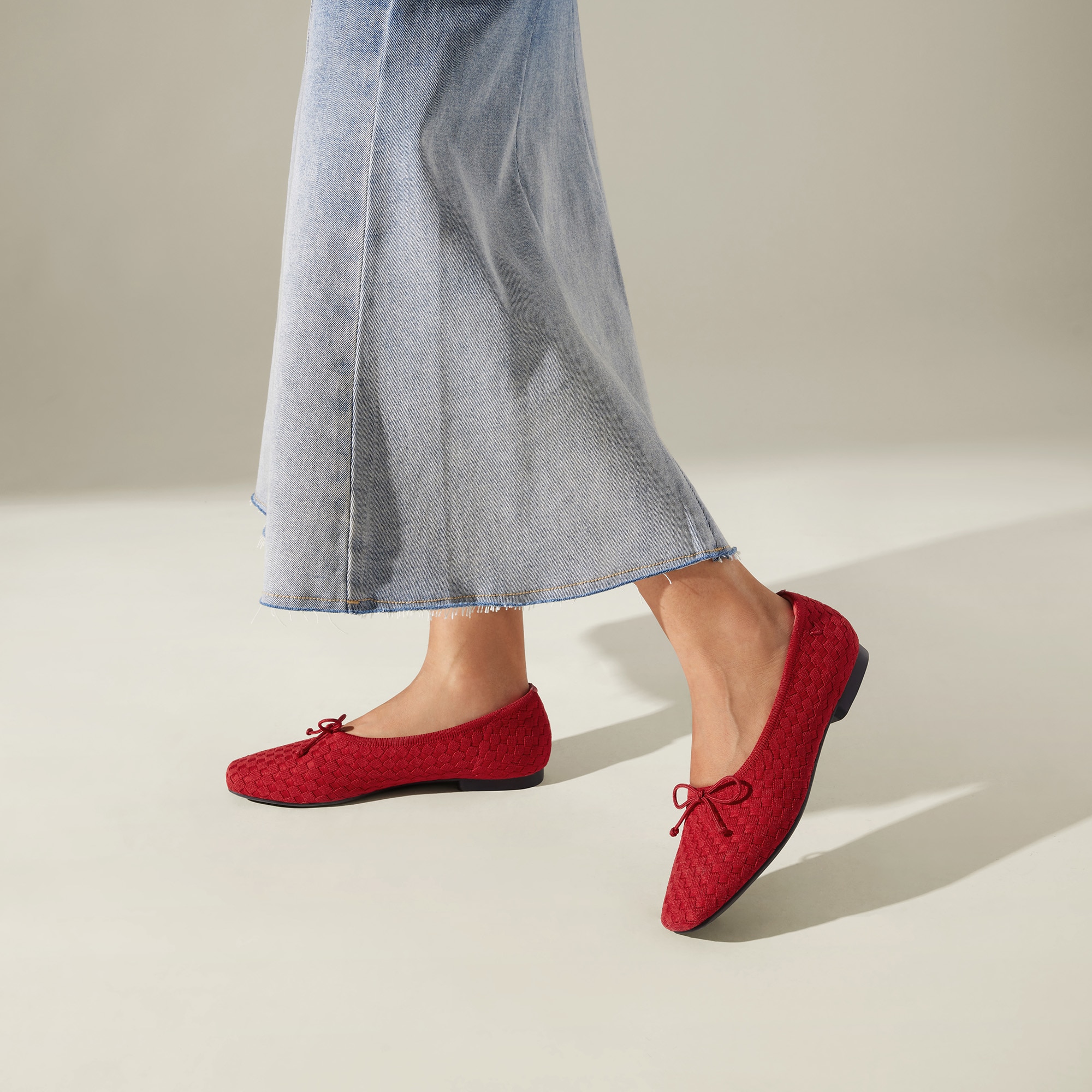 Square-Toe Bow ballerina Flats (Margaret), RUBY RED WOVEN