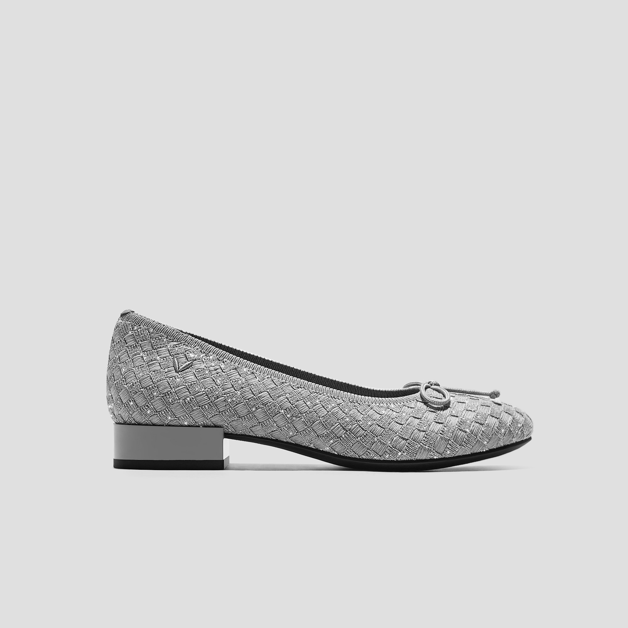 Round-Toe Small Bow Block Heels (Bianca), GREY SILVER WOVEN