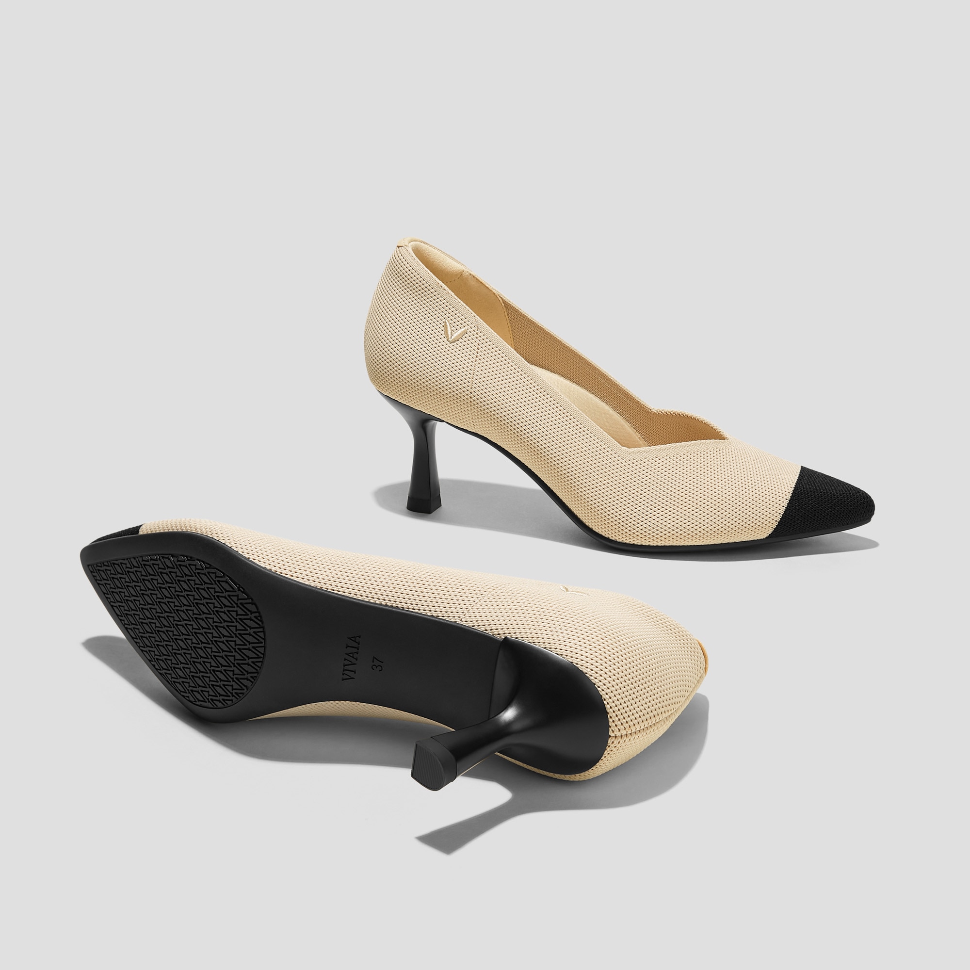 Pointed-Toe Mid Heels (Anna), CREAM IVORY/BLACK, EU43 | VIVAIA