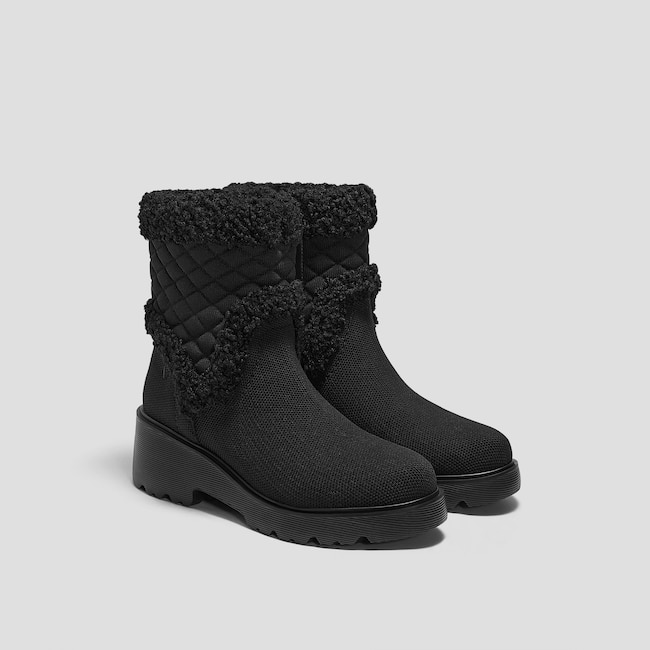 Fluffy Round-Toe Platform Chunky Wedge Boots (Emilia) - Black