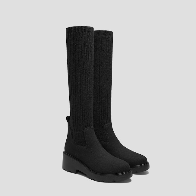 Round-Toe Knee-High Platform Chunky Wool Wedge Boots (Eduarda)