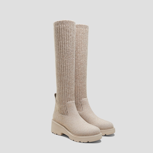 Round-Toe Knee-High Platform Chunky Wool Wedge Boots (Eduarda)