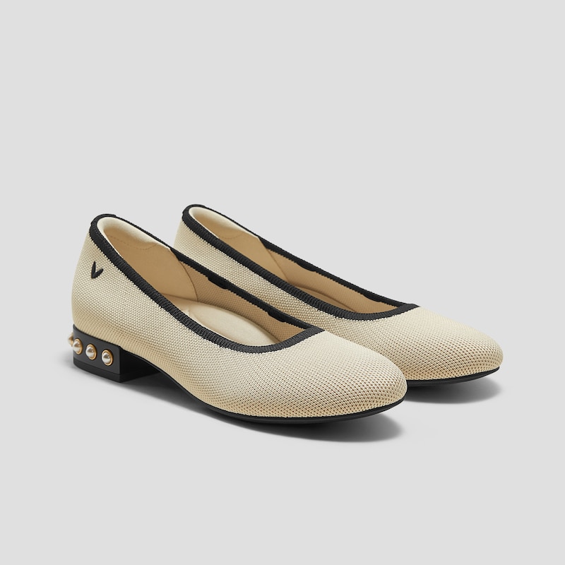 Round-Toe Small Bow Block Heels (Barbara), CREAM IVORY BLACK, EU35 | VIVAIA