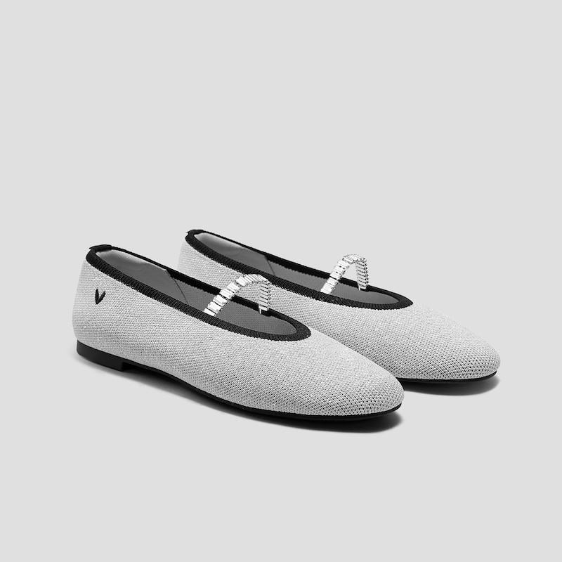 Almond-Toe Pressure-Free Flats (Nubia) + Rhinestone Chain, METALLIC DIAMOND BLACK + SILVER, EU35 | VIVAIA