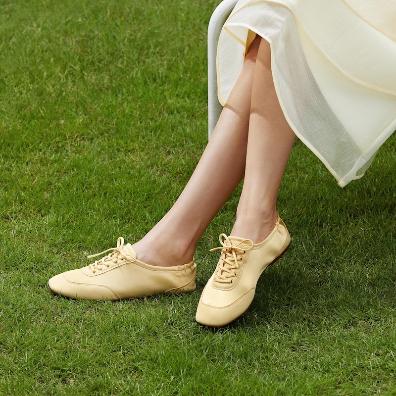 Square-Toe Lace-Up Satin Sneakerina (Cristina), BUTTERMILK, EU35 | VIVAIA