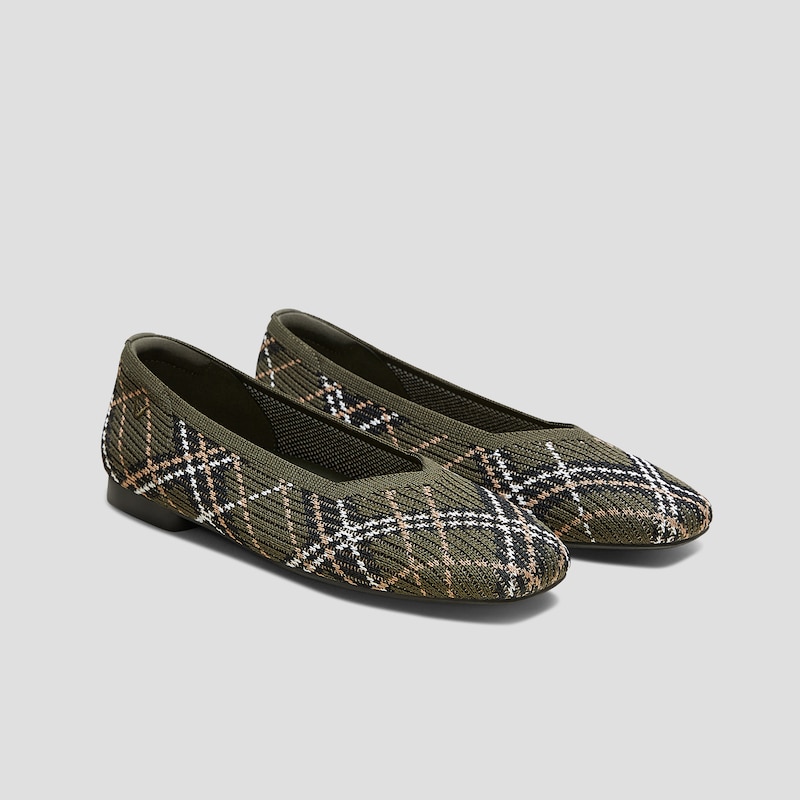 Square-Toe V-Cut Flats (Margot 2.0), DK.OLIVE LINED PLAID, EU35 | VIVAIA
