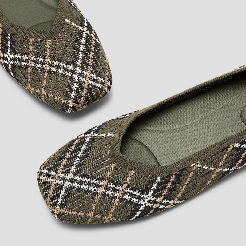 Square-Toe V-Cut Flats (Margot 2.0), DK.OLIVE LINED PLAID, EU35 | VIVAIA