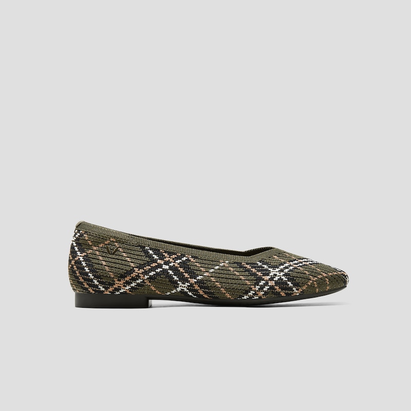Square-Toe V-Cut Flats (Margot 2.0), DK.OLIVE LINED PLAID, EU35 | VIVAIA