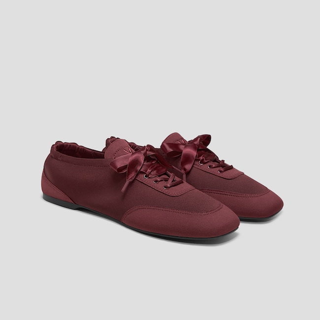 Square-Toe Lace-Up Satin Sneakerina (Cristina) - Burgundy